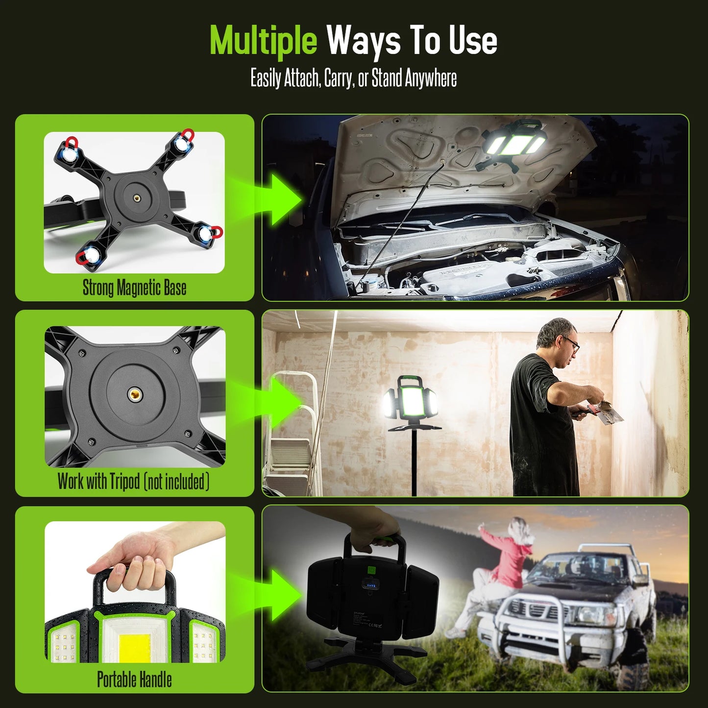 3000 Lumen LED Work Light Rechargeable Magnetic,30W Super Bright with Emergency Charging,Waterproof Foldable for Garage Camping