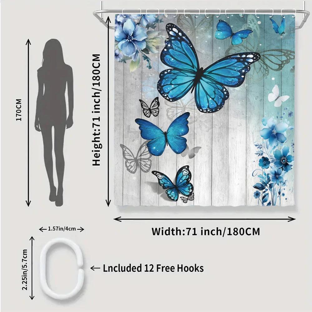Blue Butterfly Bathroom Four-piece Set - Avant-garde Waterproof Shower Curtain, creating a complete bathroom kit