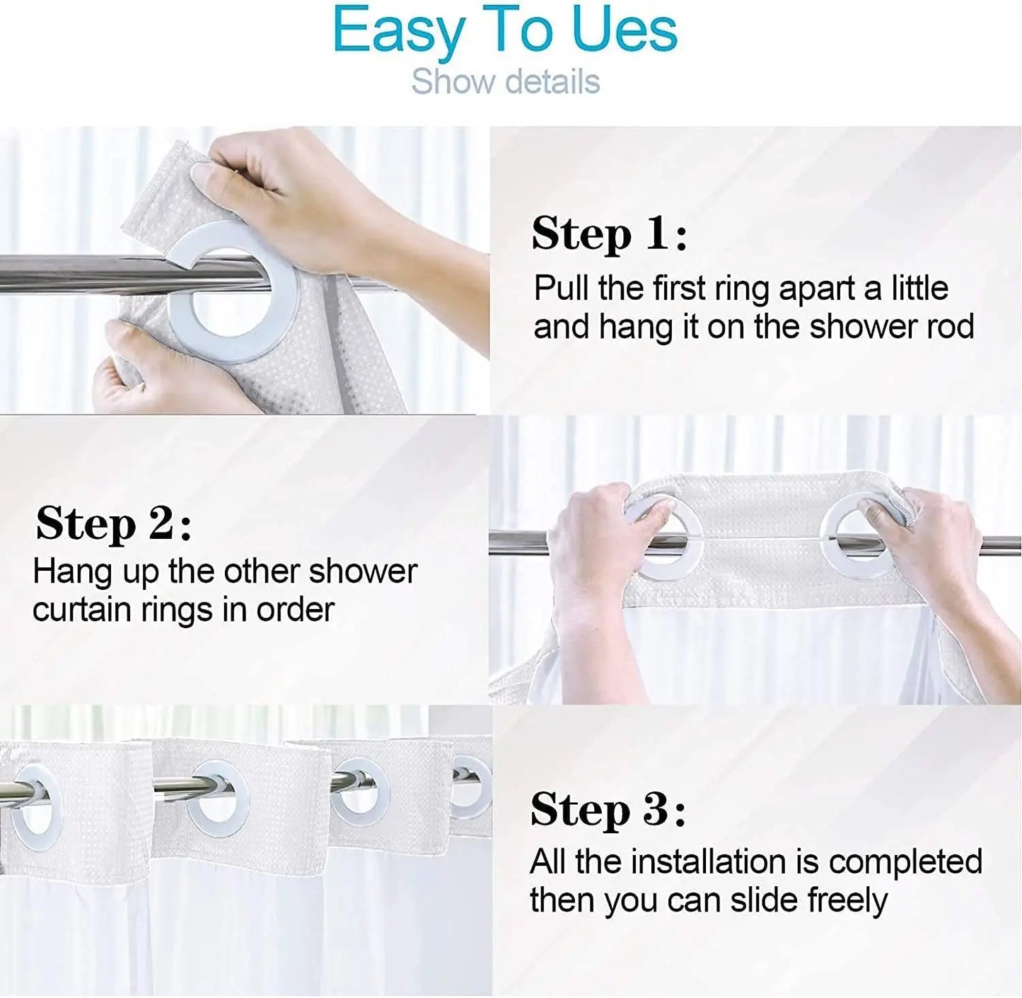 Hookless Shower Curtain with Snap-in Liner, Waffle Weave Fabric, Clear Window, 72x74 Inch - White for Kids