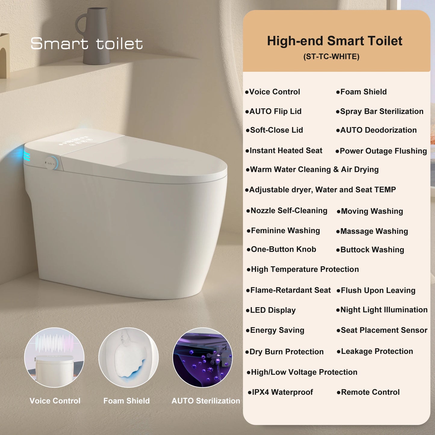 Smart Toilet with Built-in Bidet, AUTO Open/Close, Warm Water Sprayer, AUTO Dual Flush, Heated Bidet Toilet Seat for Bathrooms