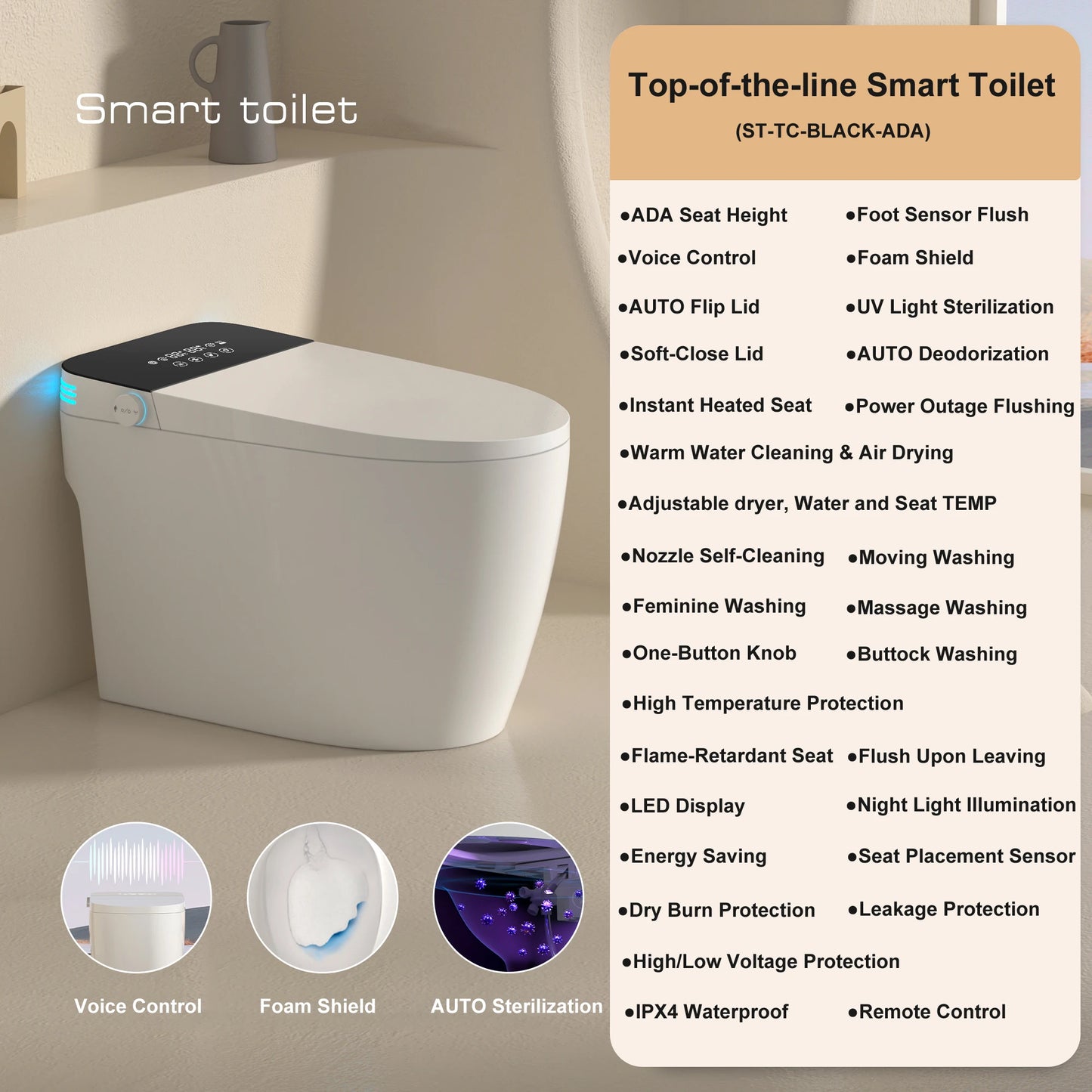 Smart Toilet With Built-in Bidet, Auto Open Close, Heated Seat