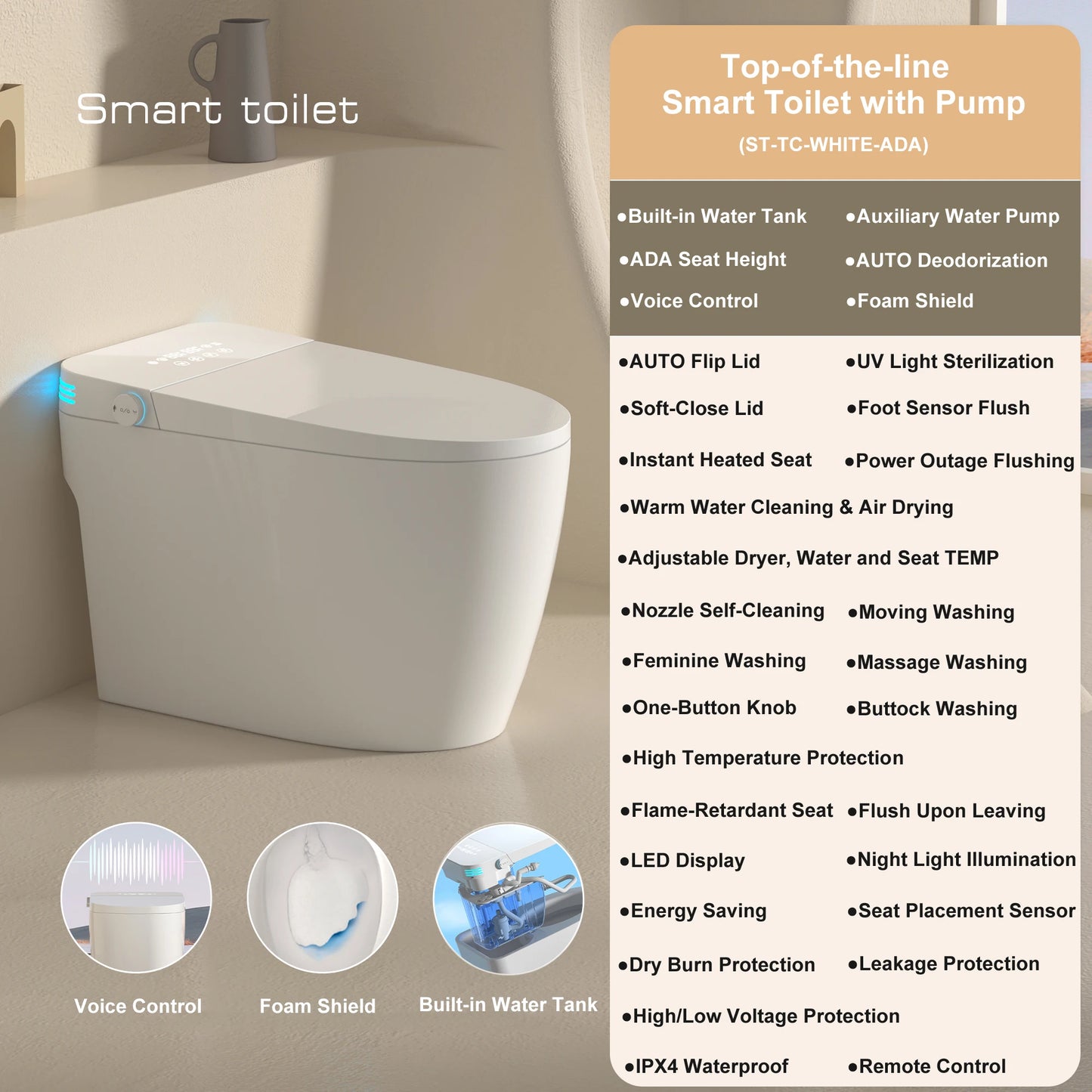Smart Toilet With Built-in Bidet, Auto Open Close, Heated Seat