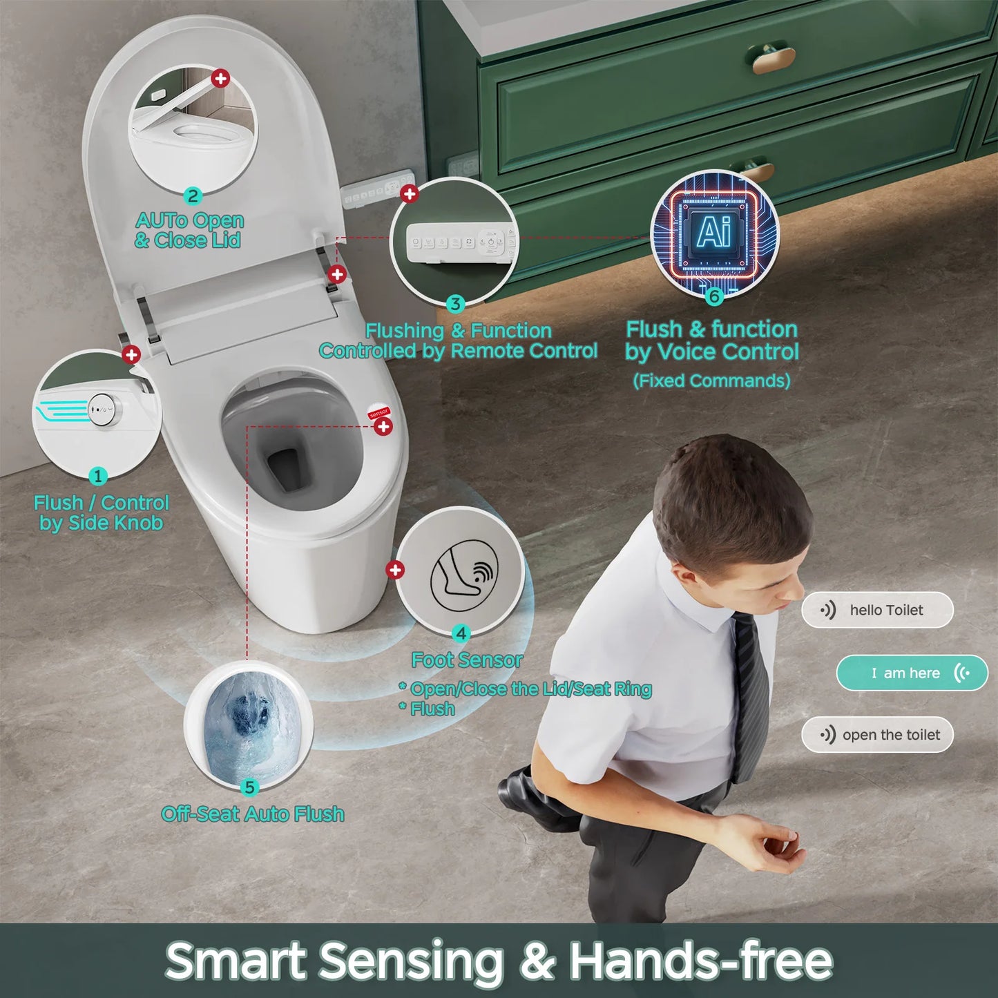 Smart Toilet with Bidet Built In, AUTO Deodorization, ADA Height 17.7", One Piece Heated Toilet with Foam Shield, Voice Control
