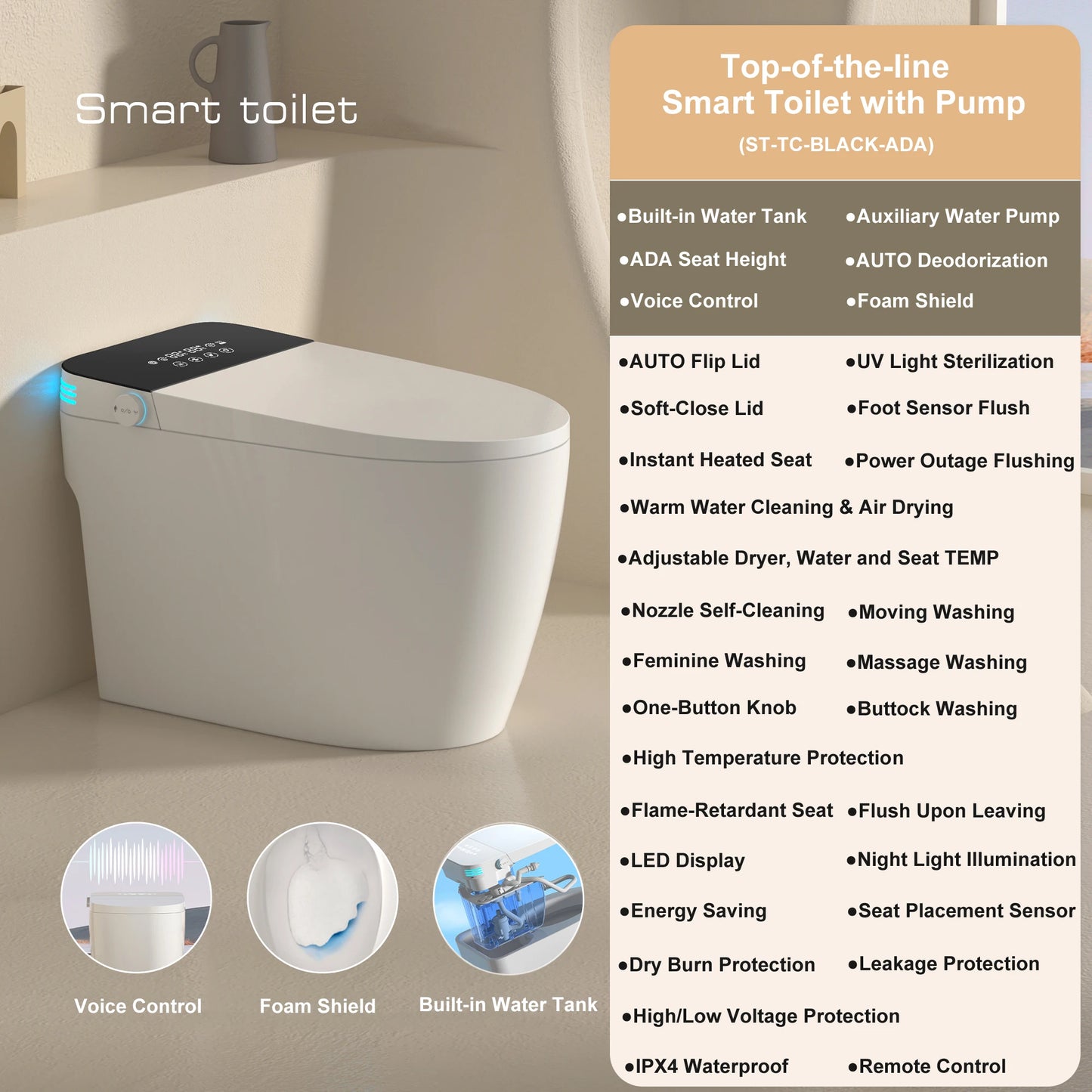 Smart Toilet With Built-in Bidet, Auto Open Close, Heated Seat