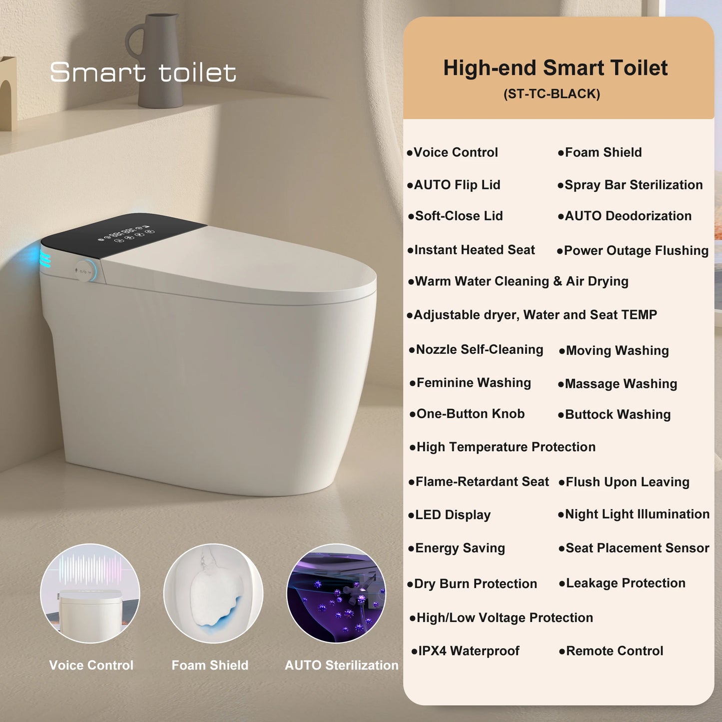 Smart Toilet with Built-in Bidet, AUTO Open/Close, Warm Water Sprayer, AUTO Dual Flush, Heated Bidet Toilet Seat for Bathrooms