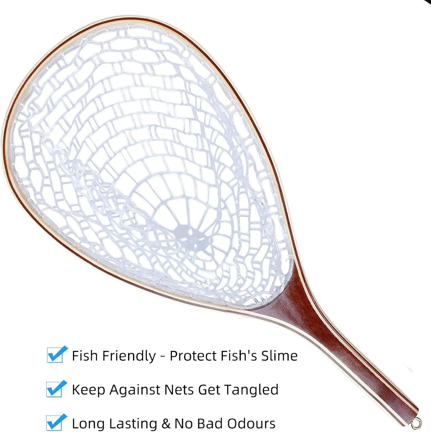 Fishing Net for Trout, Fly Fishing Net with Soft Rubber Mesh, Wooden Handle for Freshwater  Saltwater Fishing, Catch and Release