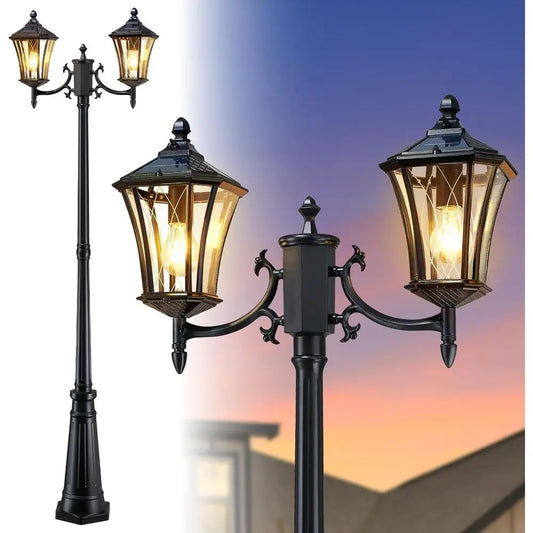 Solar Lamp Post Light Aluminum Dual-Head Outdoor Dusk-To-Dawn