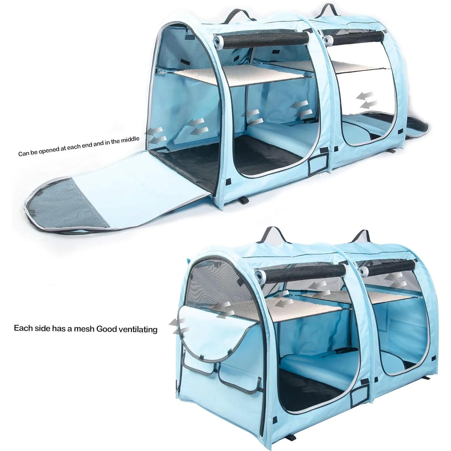 Portable Twin Compartment Cat Cage, Foldable Kennel with Hammocks & Mats, Carry Bag