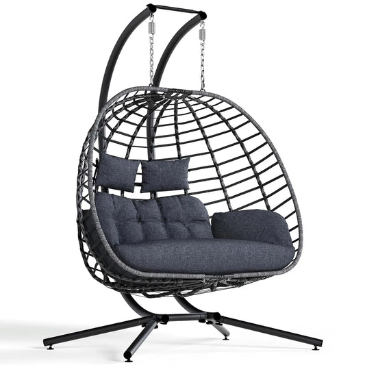 HUANZHUANG Double Egg Swing Chair with Stand Wicker Cushions