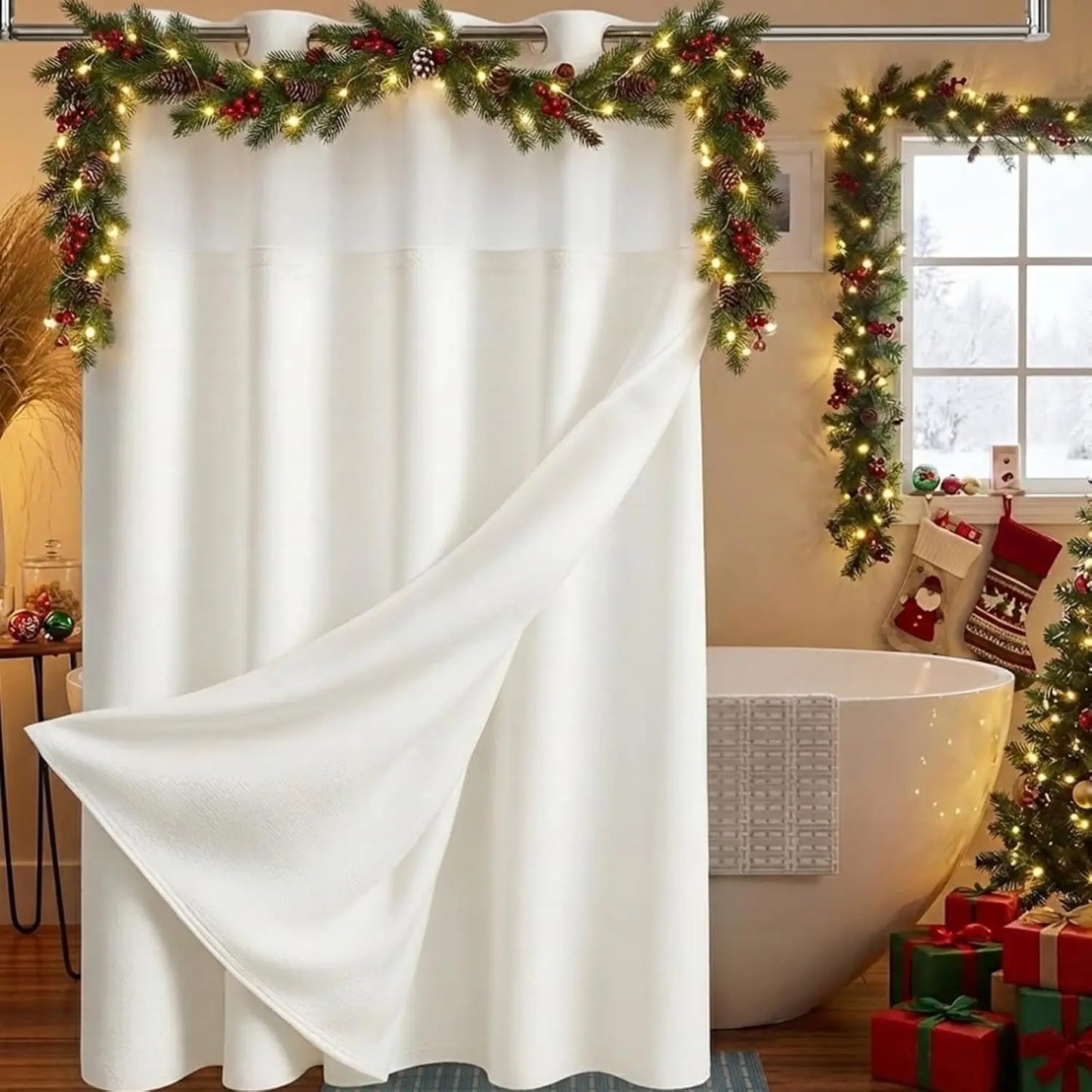 Hookless Shower Curtain with Snap-in Liner, Waffle Weave Fabric, Clear Window, 72x74 Inch - White for Kids