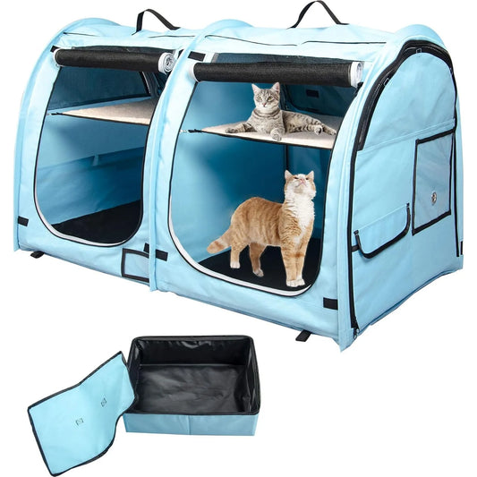 Portable Twin Compartment Cat Cage, Foldable Kennel with Hammocks & Mats, Carry Bag