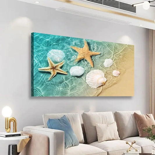 Canvas Wall Art Bedroom Wall Decor Living Room,Ocean Wall Art Office Kitchen Paintings Artwork Modern Starfish Shell Sea Wave Pi