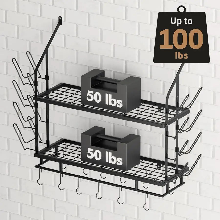 30Inch Pot Rack Wall Mounted with 8 Secure Lid Holders amp 12 Sturdy Hooks, 2Tier Kitchen Hanging Pot and Pan Organizer, Ample S