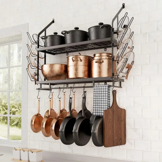 30Inch Pot Rack Wall Mounted with 8 Secure Lid Holders amp 12 Sturdy Hooks, 2Tier Kitchen Hanging Pot and Pan Organizer, Ample S