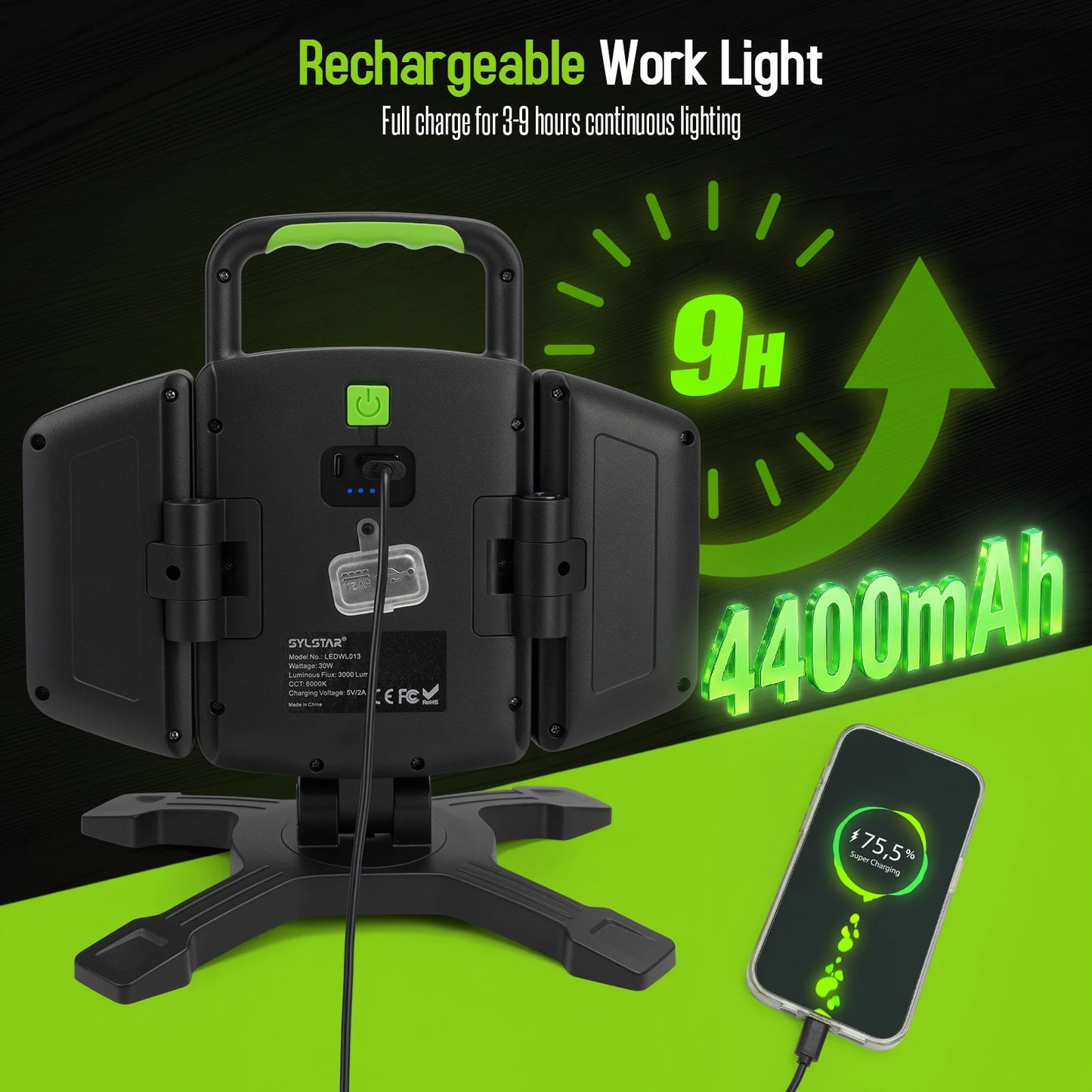 3000 Lumen LED Work Light Rechargeable Magnetic,30W Super Bright with Emergency Charging,Waterproof Foldable for Garage Camping