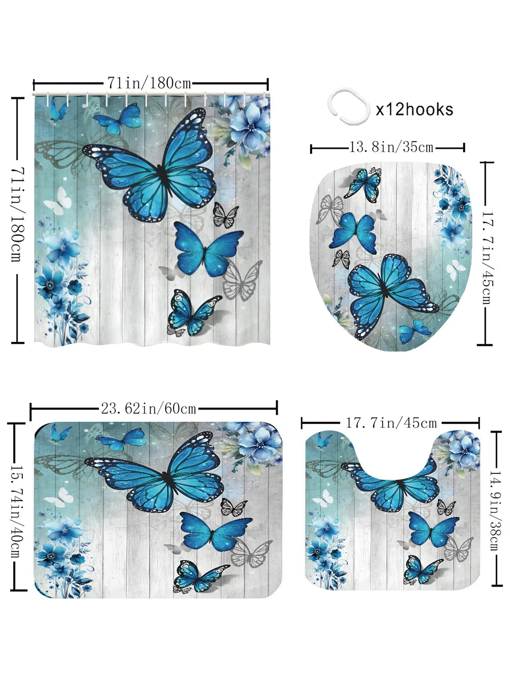 Blue Butterfly Bathroom Four-piece Set - Avant-garde Waterproof Shower Curtain, creating a complete bathroom kit