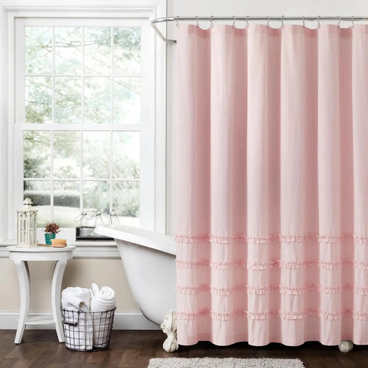 Vintage Stripe Cotton Shower Curtain 72x72 Pink, Eco-Friendly Fabric with Ruffles for Farmhouse Bathroom Decor