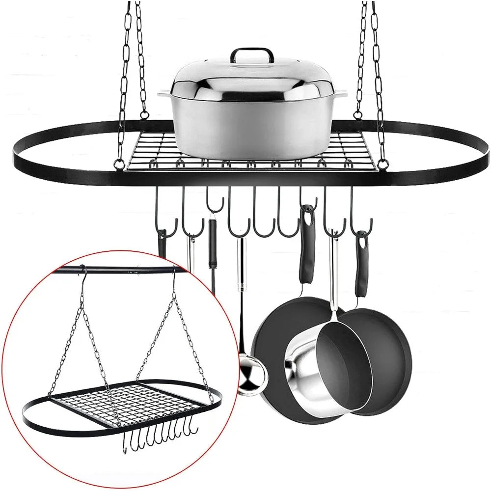 Pot Pan Rack with Shelf Grid 9 Hooks Decorative Wall Mounted Storage Hanging Rack Ceiling Mounted Hanging Multi-PurposeOrganizer