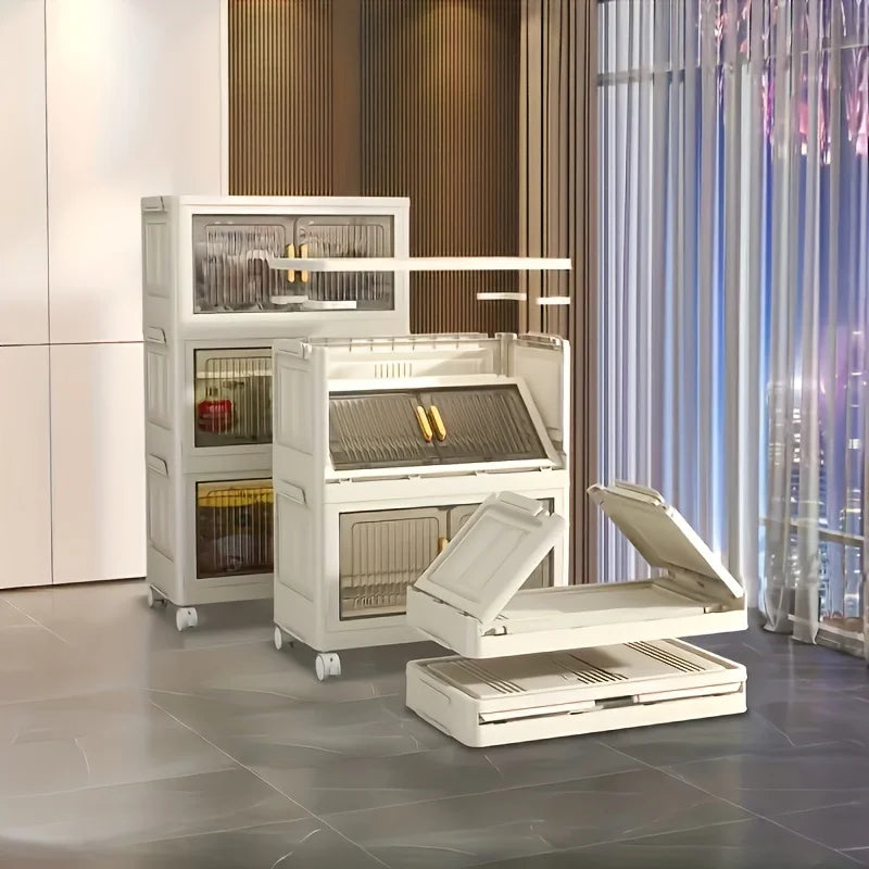 Stackable Practical Storage Cabinet with Doors and Wheels - Spacious Multi-functional Plastic Organizer - Practical Storage Rack