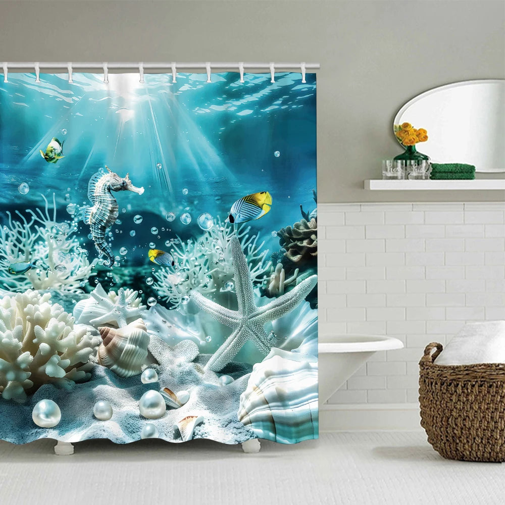Ocean Bathroom Four-piece Set - Avant-garde Waterproof Shower Curtain, creating a complete bathroom kit