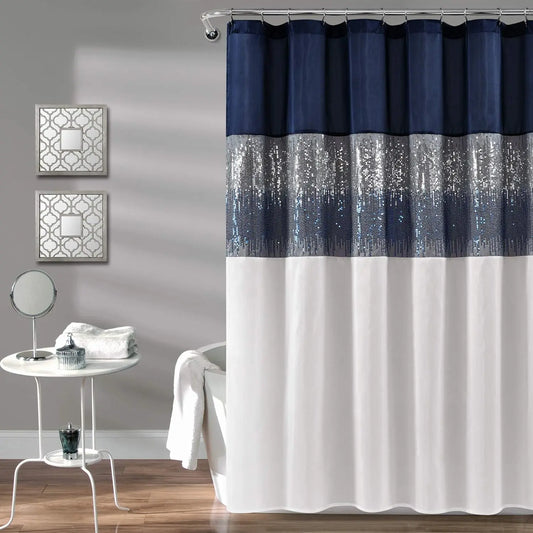Sparkly Sequin Shower Curtain, Extra Long 72x84 Inches, Navy & White Color Block, Modern Glam Bathroom Decor for Home Upgrade