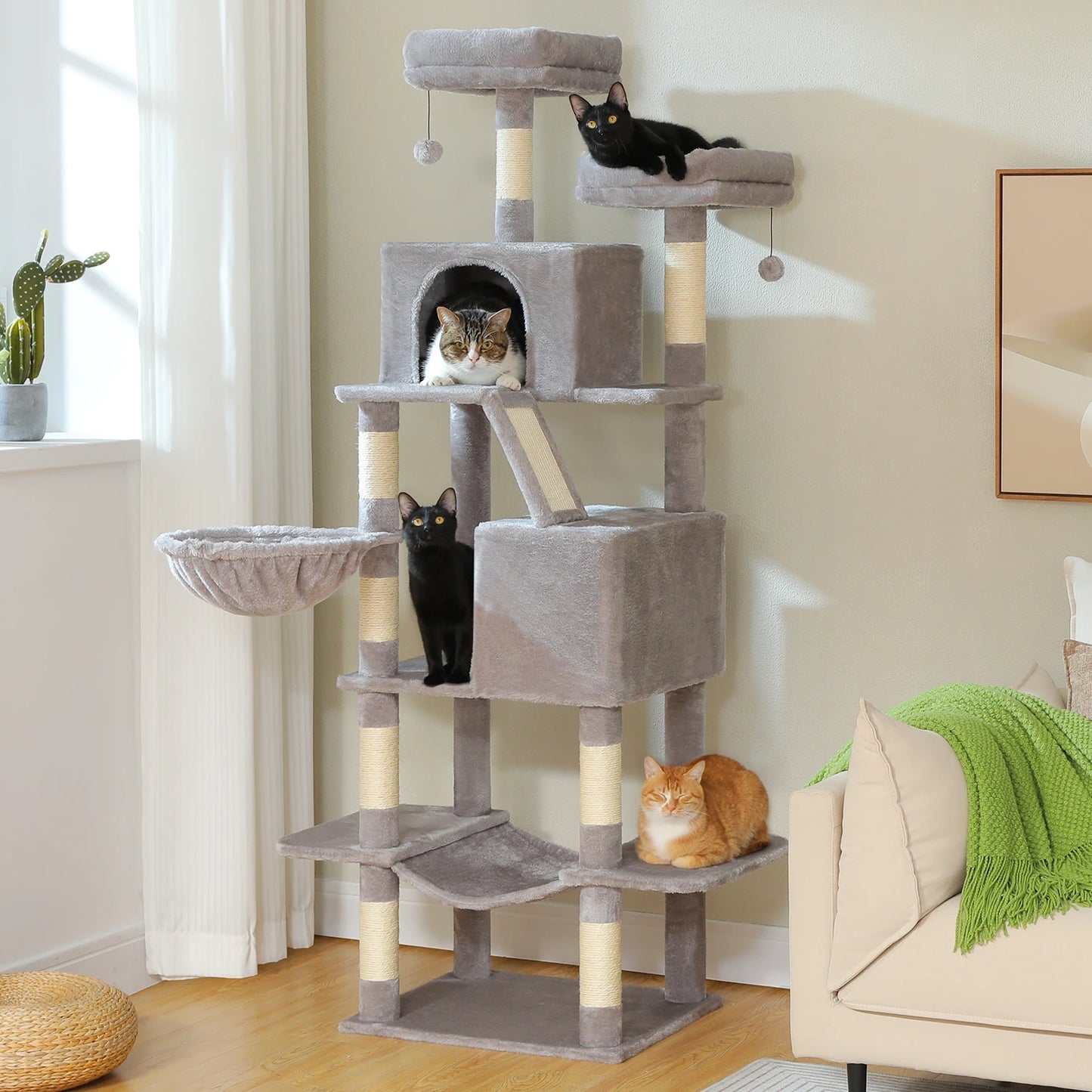 Multi-Level Tall Cat Tree for Indoor Large Cat Tower with Spacious Condo House Sisal Scratching Posts Plush Big Hammock Cat Toys
