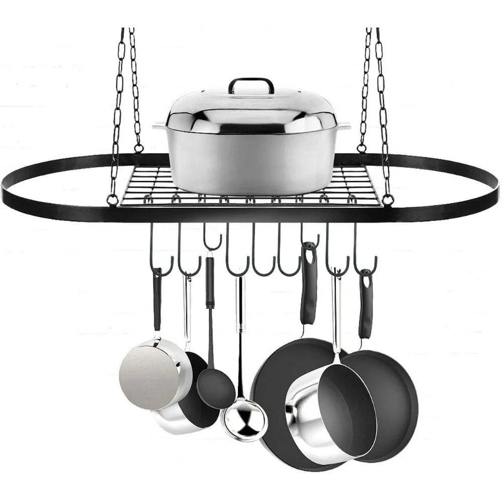 Pot Pan Rack with Shelf Grid 9 Hooks Decorative Wall Mounted Storage Hanging Rack Ceiling Mounted Hanging Multi-PurposeOrganizer