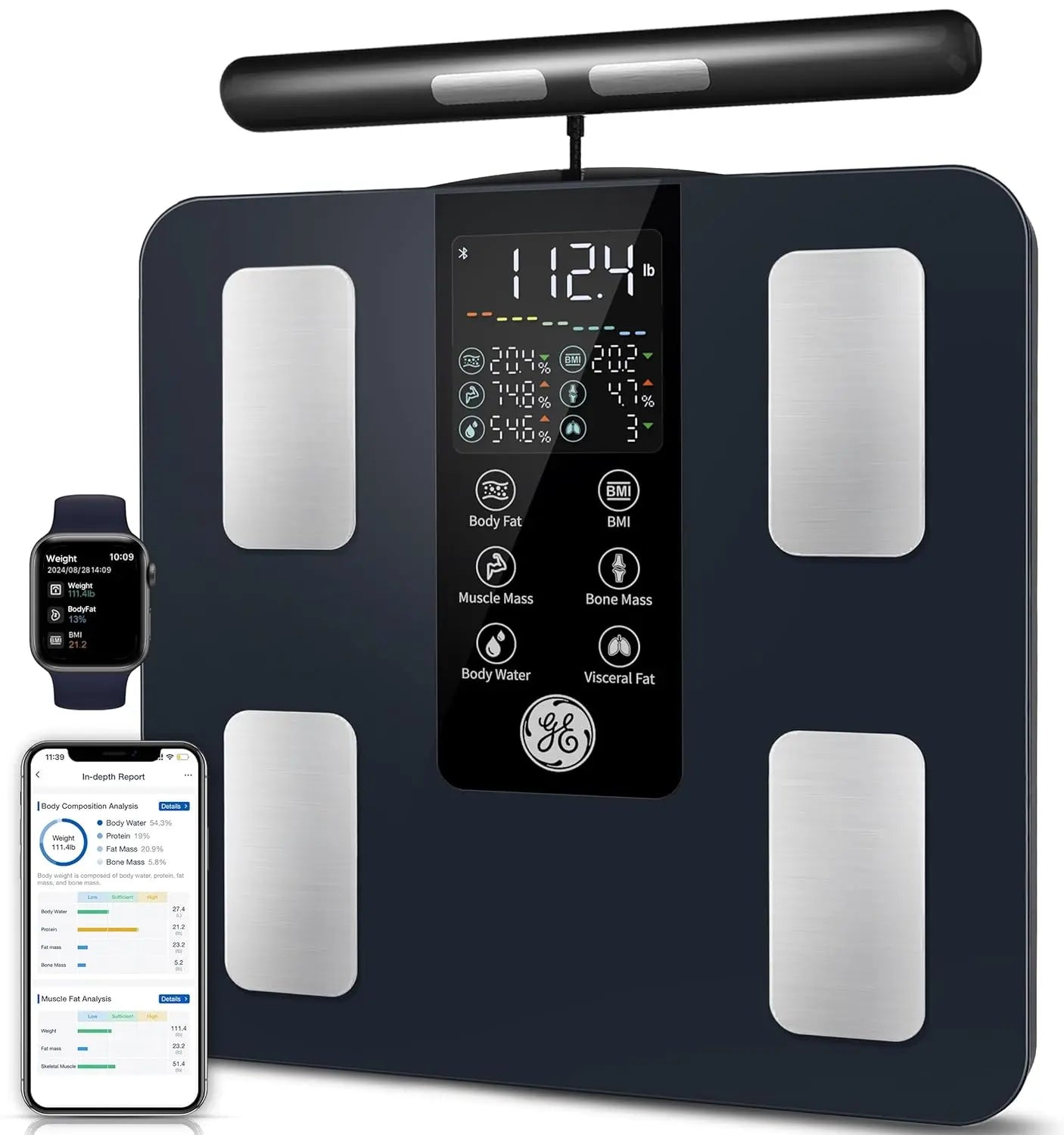 Smart Body Scale: 8-Electrode Digital Bathroom Scale for Weight, Fat, BMI, Muscle Mass Analyzer with Bluetooth, 400lb Capacity