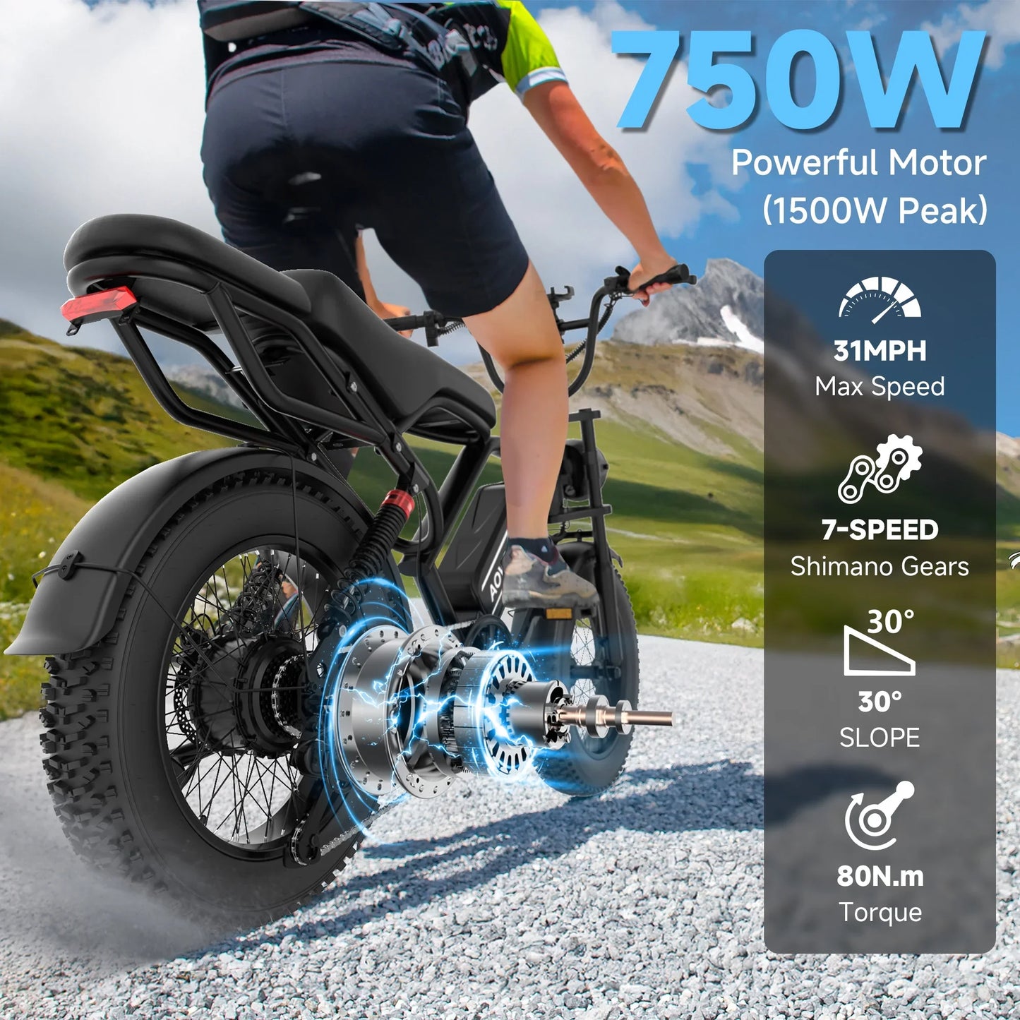 AOVOPRO AP20 Electric Bike 1500W 20" Fat Tire 31mph Top Speed 70 Miles Range for Road Sand Mountain Snow Electric Motorcycle