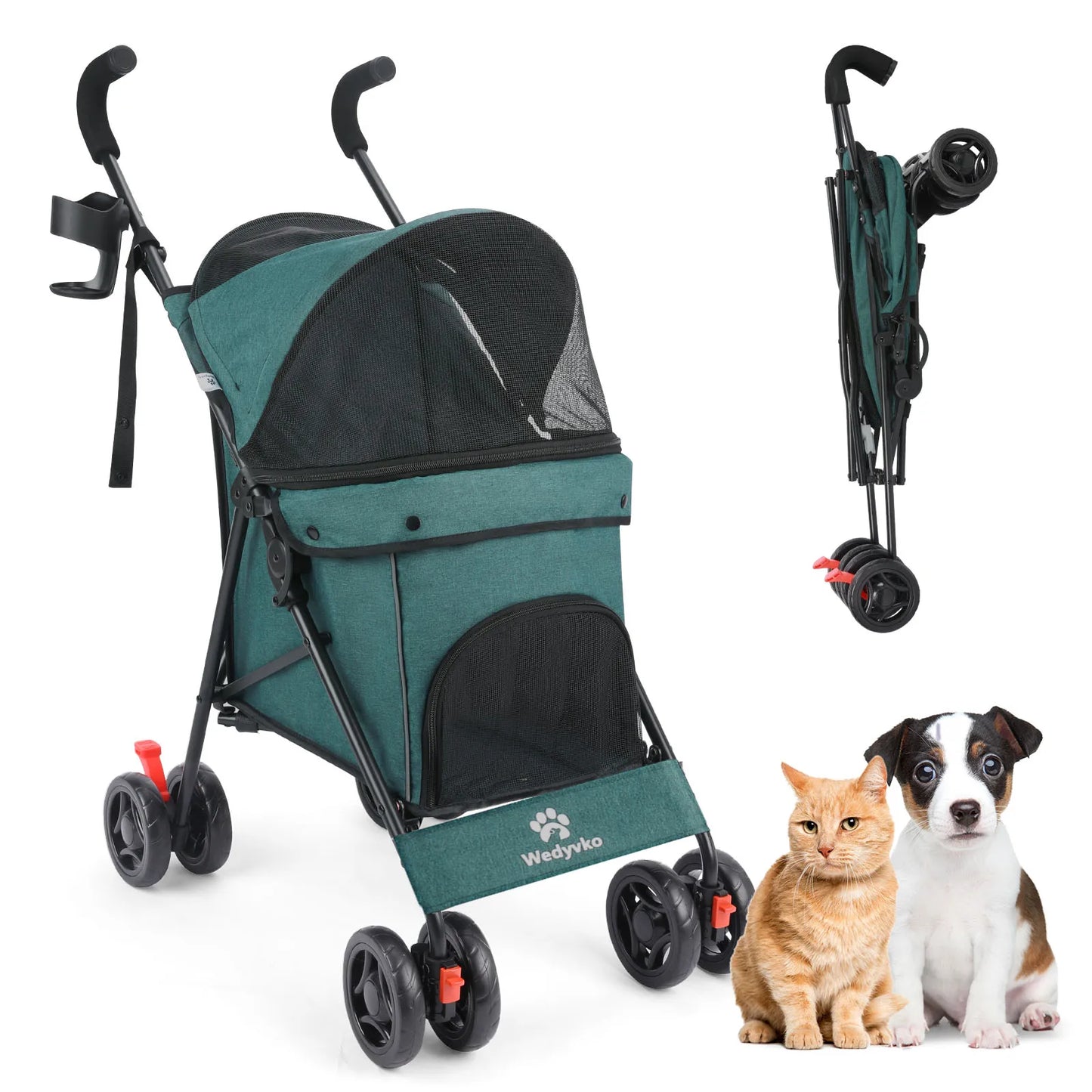 Wedyvko Pet Dog Stroller 4 Wheels Puppy Stroller Rotate with Brakes Storage for Dogs Cats Travel Pet Suplies Outdoor 애완견 유모차