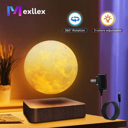 Magnetic Floating Rotating Moon Lamp with Wooden Base, 3 Color Temperature LED Night Lights of Print 3D for Unique Gifts, Room