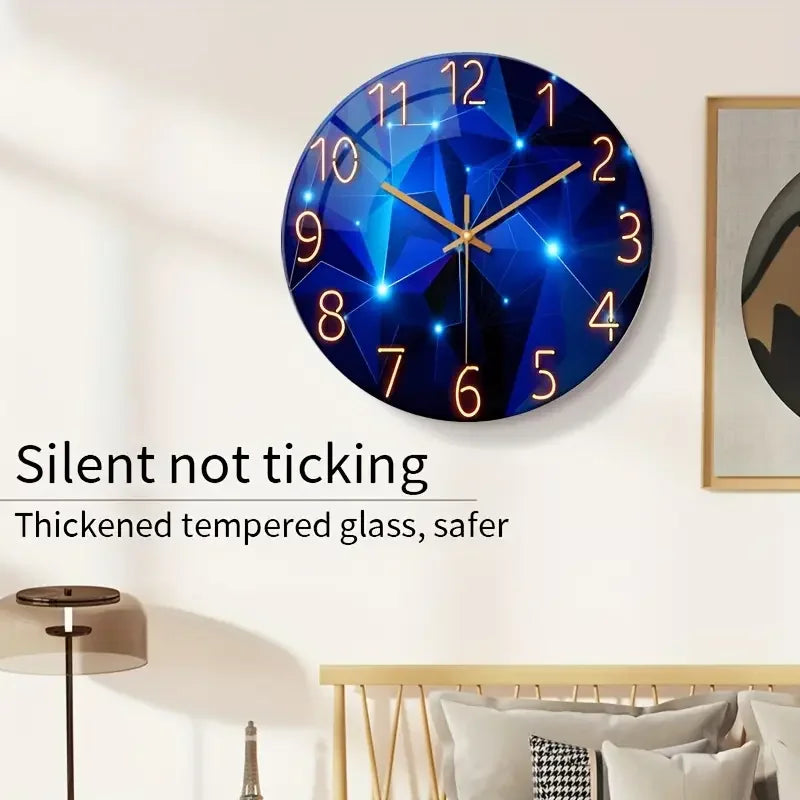 Blue Wall Clock for Living Room Decor Kitchen Wall Clocks Battery Operated  Round Glass Decorative Wall Clock Non Ticking