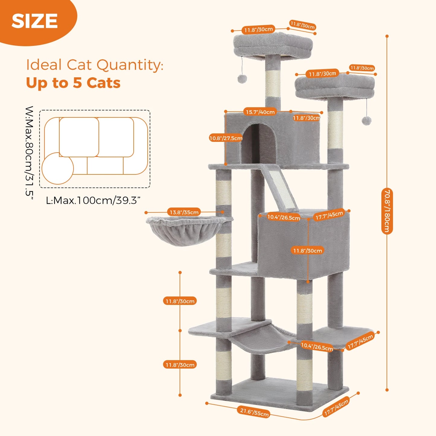 Multi-Level Tall Cat Tree for Indoor Large Cat Tower with Spacious Condo House Sisal Scratching Posts Plush Big Hammock Cat Toys