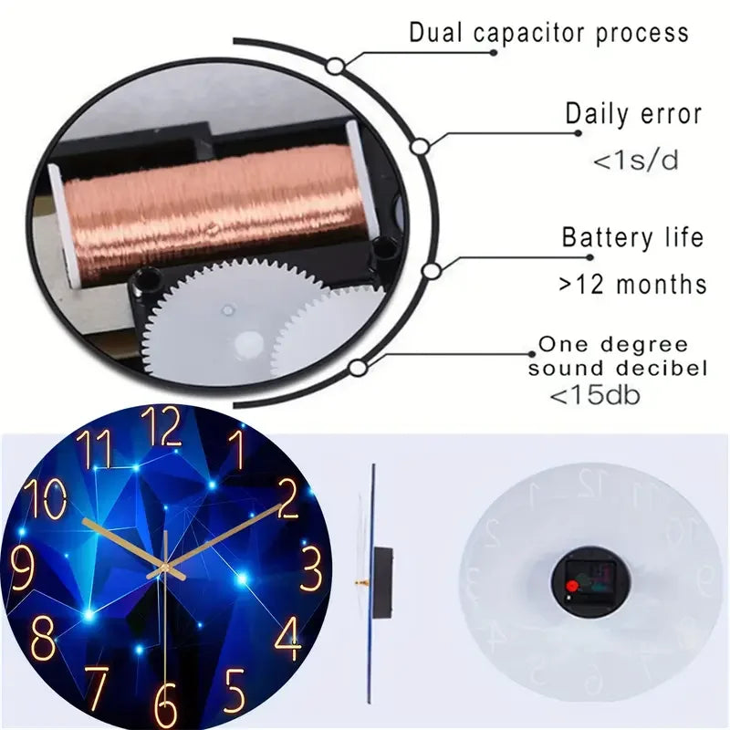 Blue Wall Clock for Living Room Decor Kitchen Wall Clocks Battery Operated  Round Glass Decorative Wall Clock Non Ticking