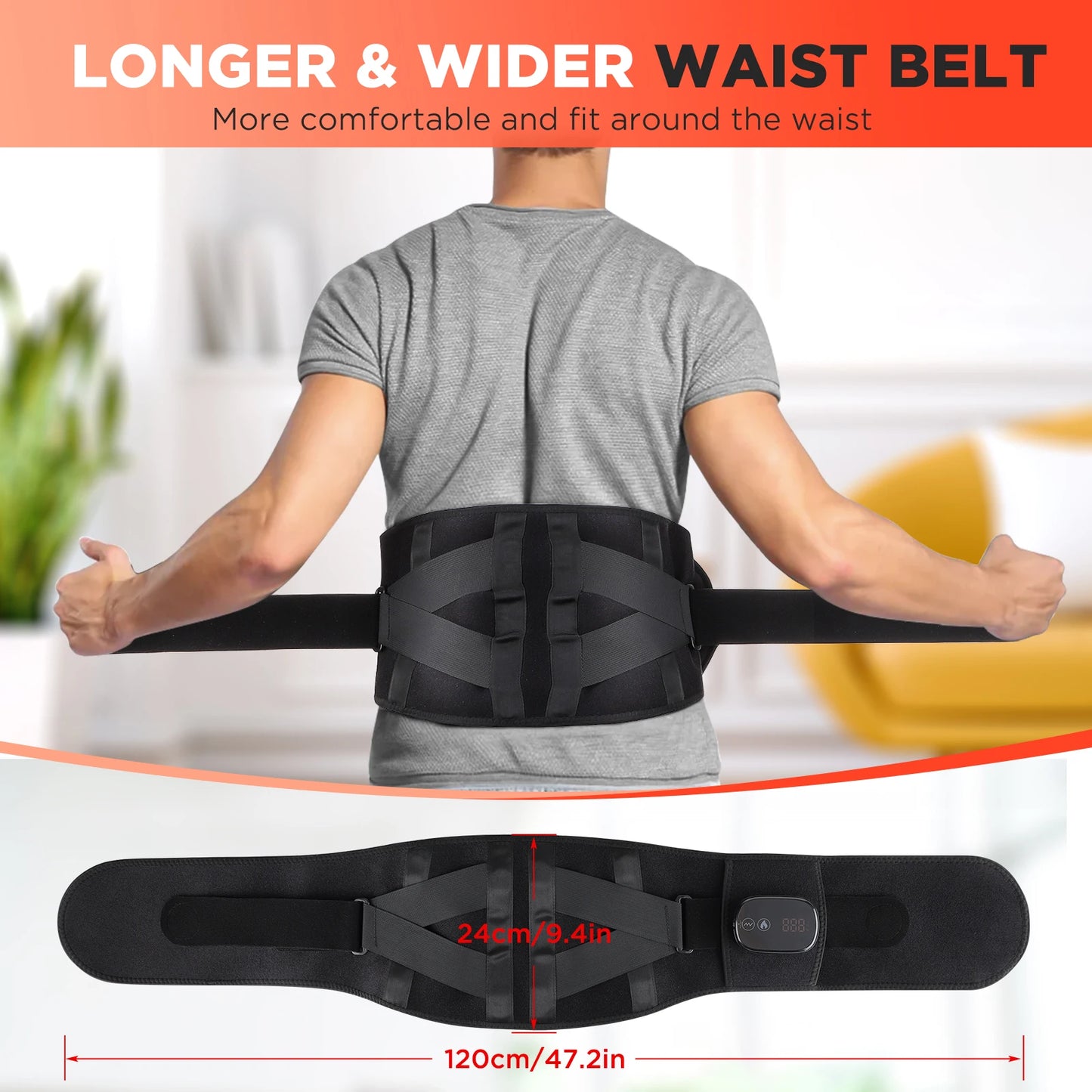 Heating Vibration Massager Belt, Red Light Hot Compress Waist Support Brace Waist Back Massage Lumbar Support Belt