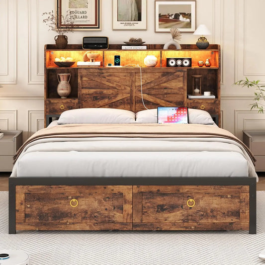 Bed Frame Farmhouse Metal 4 Drawer Bookshelf Headboard