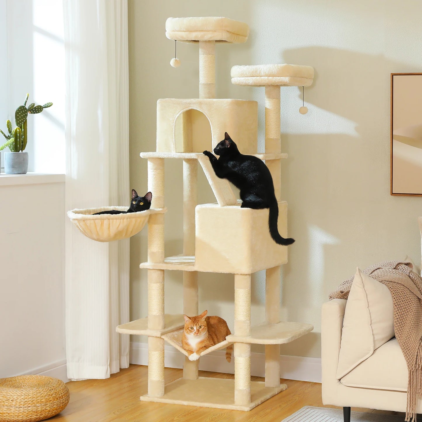Multi-Level Tall Cat Tree for Indoor Large Cat Tower with Spacious Condo House Sisal Scratching Posts Plush Big Hammock Cat Toys