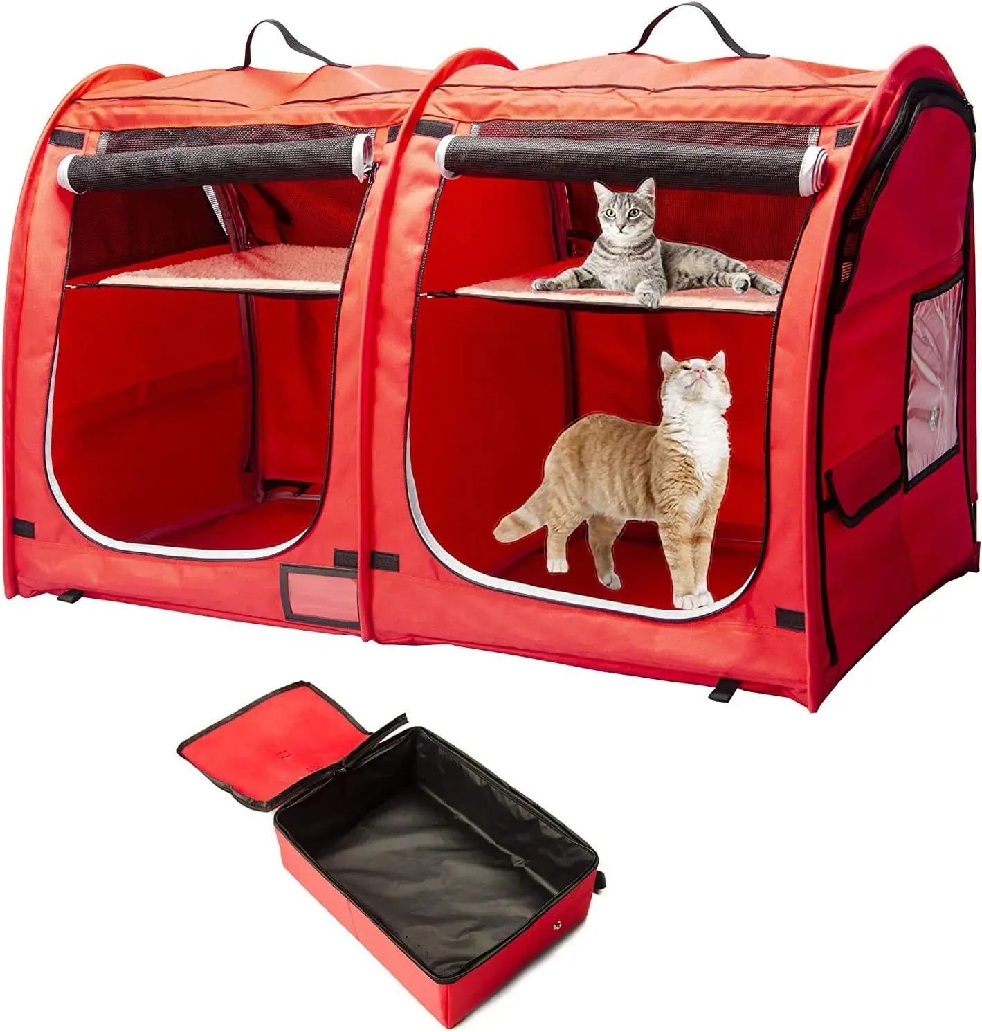 Portable Twin Compartment Cat Cage, Foldable Kennel with Hammocks & Mats, Carry Bag