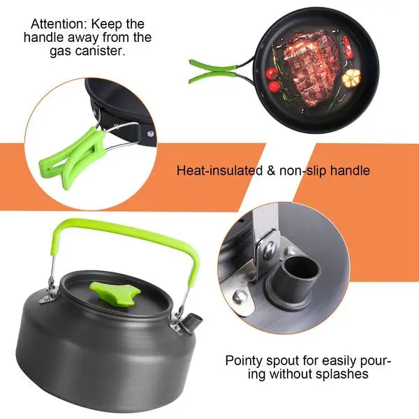 16Pcs Camping Cooking Ware Set Camping Stove Cookware Kit Aluminum Pot Pan Kettle Set with Bowls Knife Fork Spoon Carabiner Spat