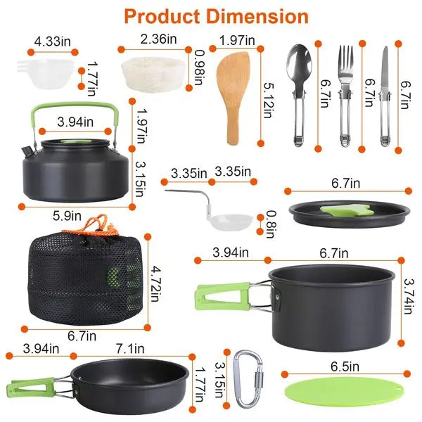 16Pcs Camping Cooking Ware Set Camping Stove Cookware Kit Aluminum Pot Pan Kettle Set with Bowls Knife Fork Spoon Carabiner Spat