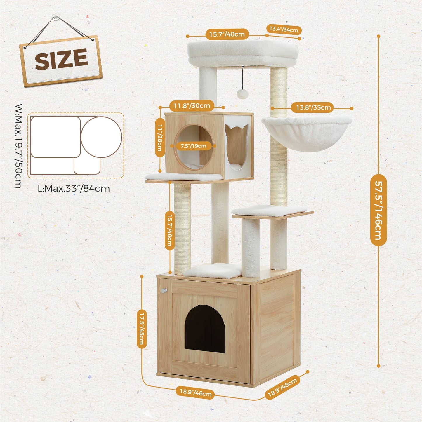 Cat Tree Tower Litter Box Wood Structure Storage with Hammock,Comfy Condo,Anti-Slip Mat,Large Cabinet,Big Platform,Sisal Posts