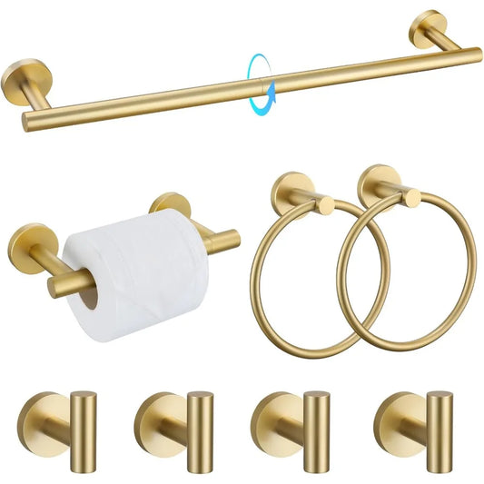 8-Piece Brushed Gold SUS304 Stainless Steel Bath Towel Bar Set, 23.6 Inch Round Wall-Mounted Bathroom Accessories Kit