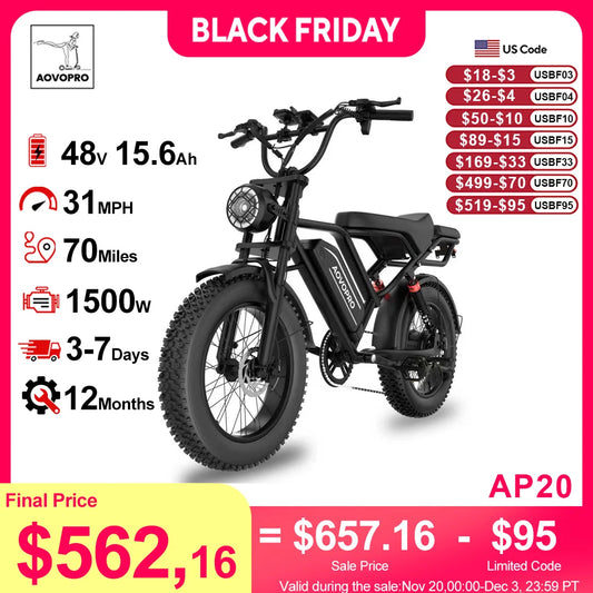AOVOPRO AP20 Electric Bike 1500W 20" Fat Tire 31mph Top Speed 70 Miles Range for Road Sand Mountain Snow Electric Motorcycle