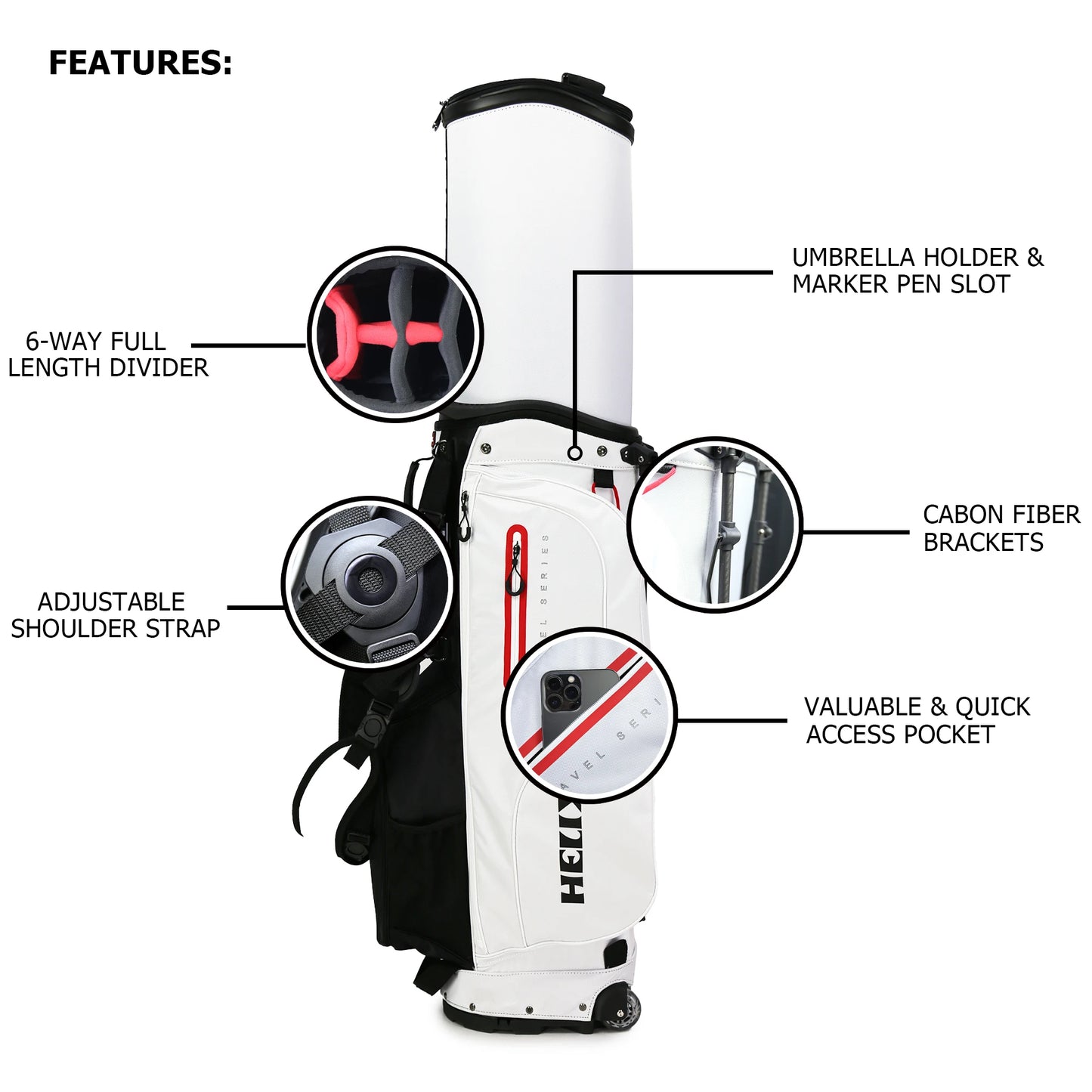 HELIX Golf Stand Bag with Retractable Top Cover and Wheels Easy for Travel and Daily Use Golf Bag 6 Way Divider