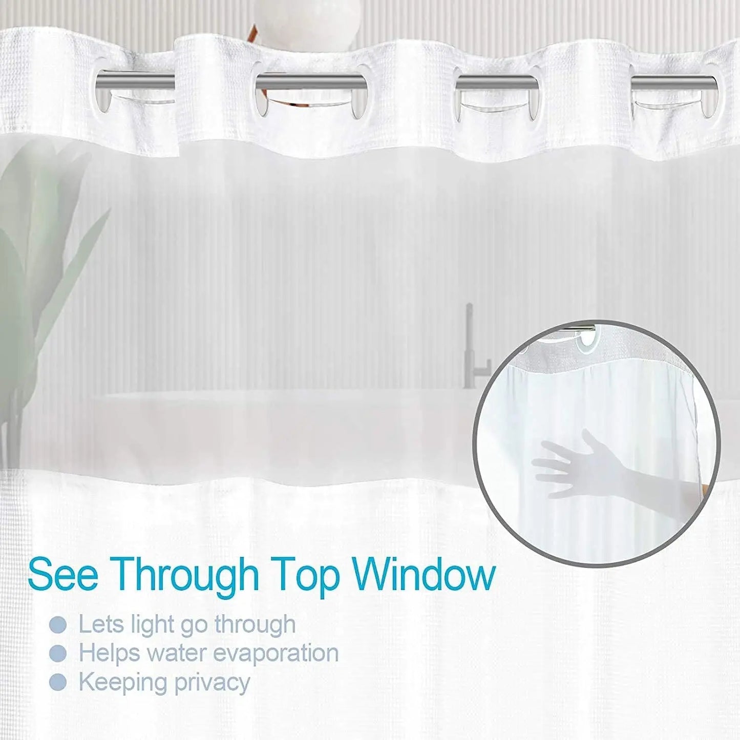 Hookless Shower Curtain with Snap-in Liner, Waffle Weave Fabric, Clear Window, 72x74 Inch - White for Kids