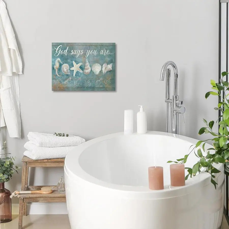 Seashell Decor Ocean Bathroom Wall Art Coastal Beach Nautical Pictures, Seashell Starfish Canvas Prints Paintings Framed Artwork