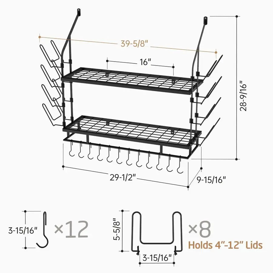 30Inch Pot Rack Wall Mounted with 8 Secure Lid Holders amp 12 Sturdy Hooks, 2Tier Kitchen Hanging Pot and Pan Organizer, Ample S