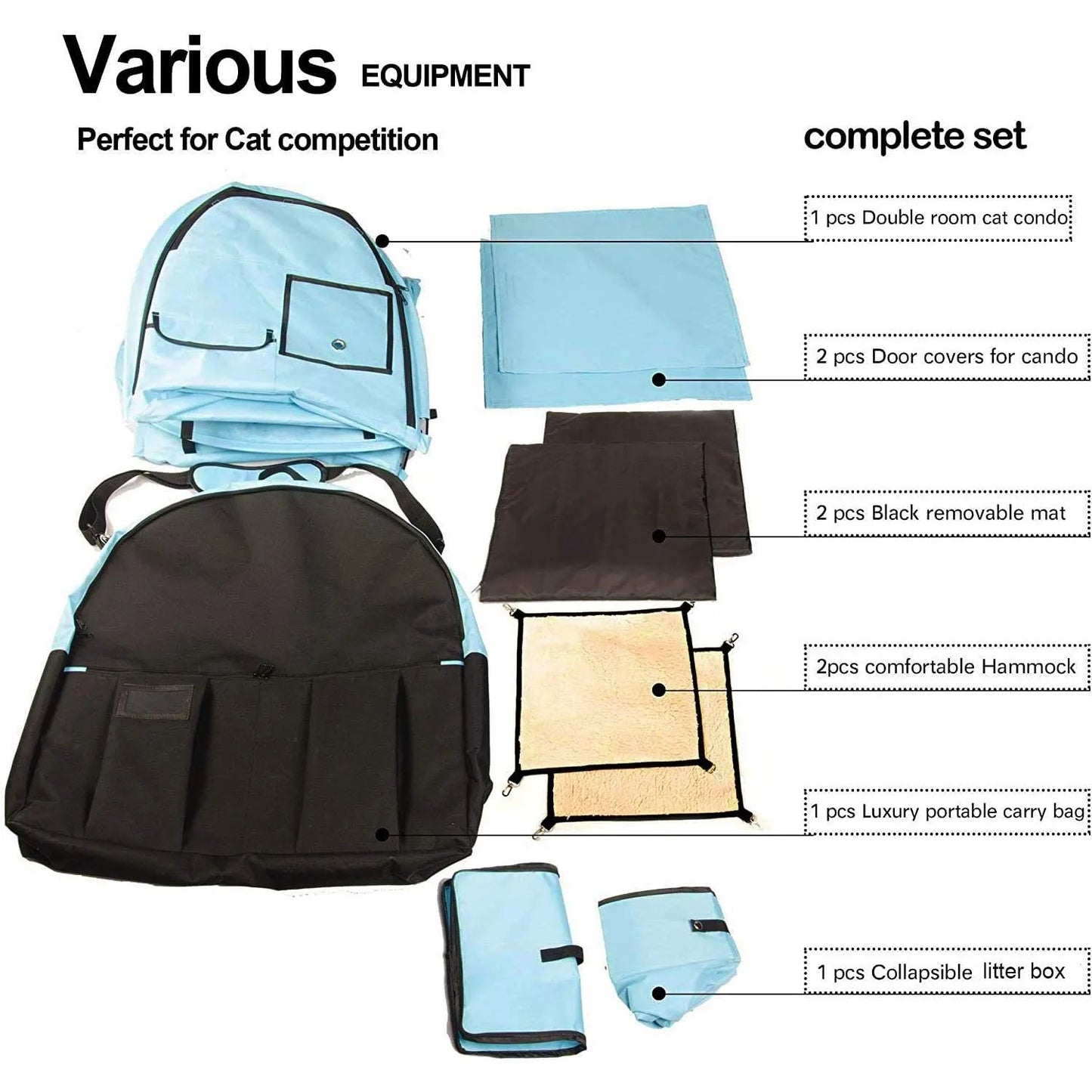 Portable Twin Compartment Cat Cage, Foldable Kennel with Hammocks & Mats, Carry Bag