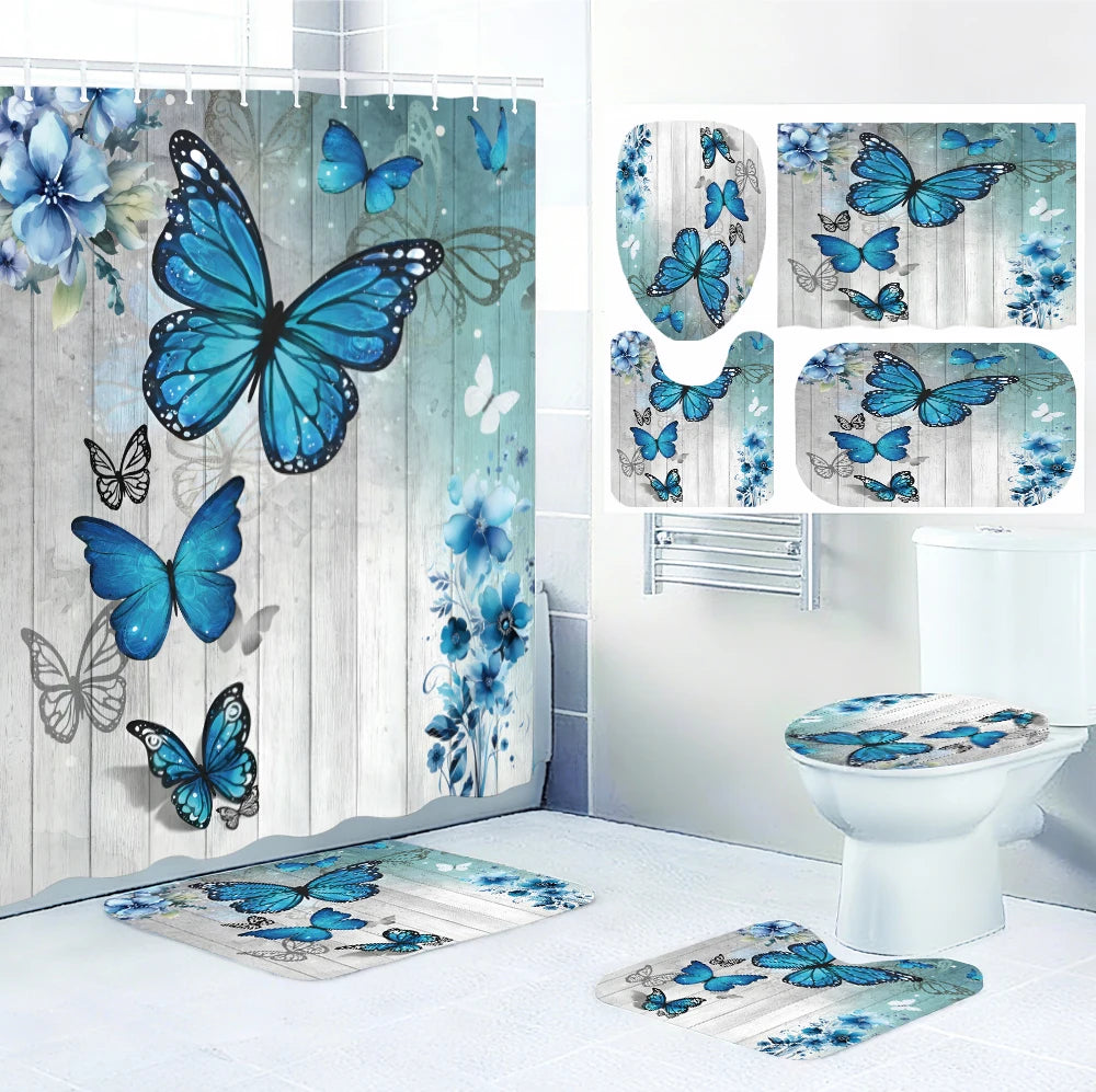Blue Butterfly Bathroom Four-piece Set - Avant-garde Waterproof Shower Curtain, creating a complete bathroom kit
