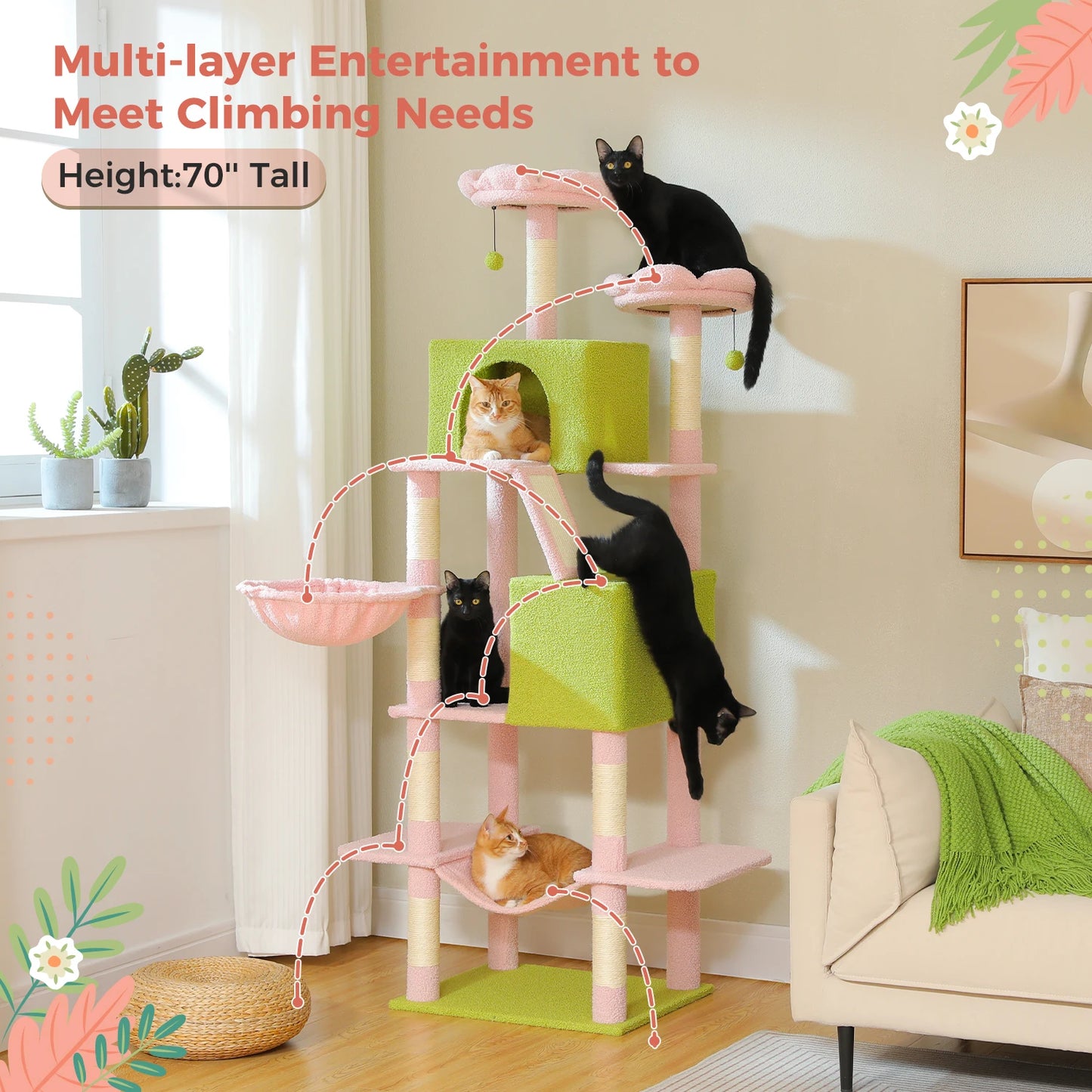 Multi-Level Tall Cat Tree for Indoor Large Cat Tower with Spacious Condo House Sisal Scratching Posts Plush Big Hammock Cat Toys